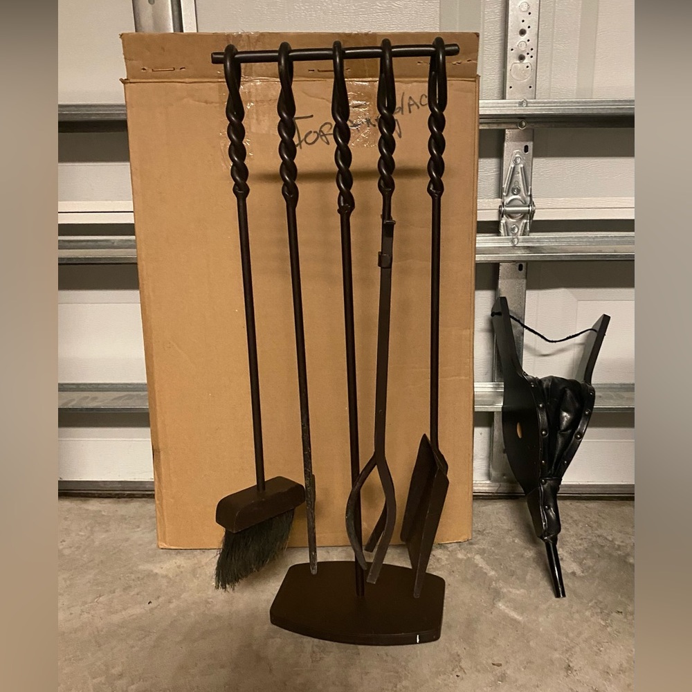 Wrought Iron Fireplace 5-Piece Tool Set - Black. Includes Bellow.